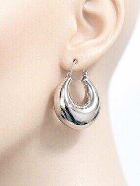 Sterling Silver Thick Hoop Earrings – Polished Crescent Hoop Fashion Jewelry